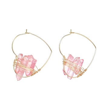 Electroplated Natural Quartz Wire Wrapped Earrings for Girl Women, Golden Heart Brass Hoop Earrings, Pink, 42x35.5x7~9mm, Pin: 0.7mm