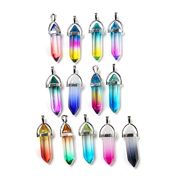 Spray Paint Glass Pendant, with Platinum Alloy Findings, Bullet Charms, Mixed Color, 40.5x14x9mm, Hole: 5x4.5mm