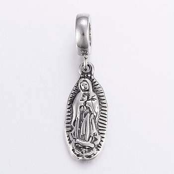 304 Stainless Steel European Dangle Charms, Large Hole Pendants, Virgin Mary, Antique Silver, 35mm, Hole: 5mm, Pendant: 23x10x2.5mm
