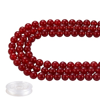 DIY Jewelry Bracelet Making Kits, 3 Strands 8mm Dyed Round Natural White Jade Beads and Flat Elastic Thread, Red, 8mm, Hole: 1mm, about 49pcs/strand, 15.16''(38.5cm), 3strands/set