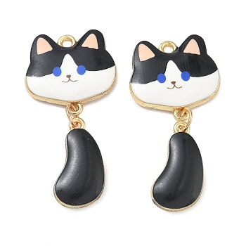 Printed Alloy Pendants, Cat Shape Charms, Rack Plating, Golden, Black, 40x19.5x2.5mm, Hole: 1.8mm