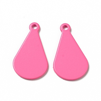 Spray Painted 201 Stainless Steel Pendants, Teardrop Charm, Hot Pink, 19x11x1mm, Hole: 1.4mm