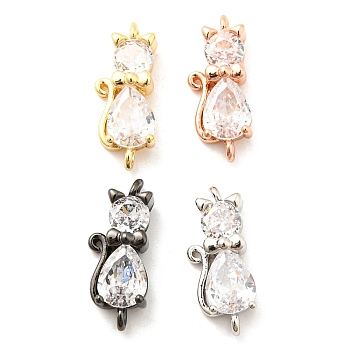 Brass Micro Pave Cubic Zirconia Kitten Links connectors, Cat, Clear, Mixed Color, 18x8x5mm, Hole: 1.2mm