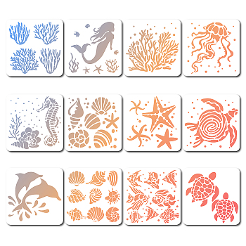 12Pcs 12 Styles PET Plastic Hollow Out Drawing Painting Stencils Templates, Square, Sea Animals, 18x18cm, 1pc/style
