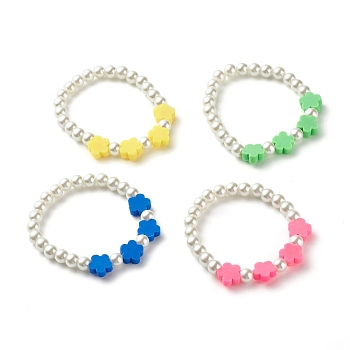 Flower Beads Stretch Bracelet for Children, Glass Pearl & Polymer Clay Beads Bracelet, White, Mixed Color, Inner Diameter: 1-1/2 inch(3.9cm)