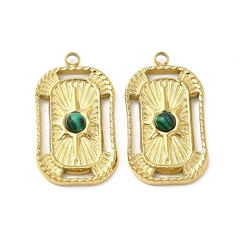 Natural Malachite Pendants, Rectangle Charms, with Vacuum Plating Real 18K Gold Plated 201 Stainless Steel Findings, 21.5x12.5x3.5mm, Hole: 1.6mm