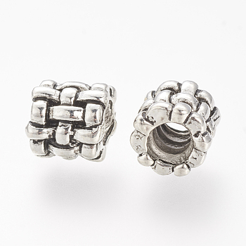 Alloy European Beads with Screw, Imitation Woven Rattan Pattern, Large Hole Beads, Column, Antique Silver,9x9mm, Hole: 4mm