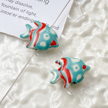 Handmade Porcelain Beads, Fish, Medium Turquoise, 17x22x7mm, Hole: 1.7mm