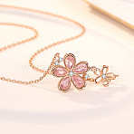 925 Sterling Silver Pave Pink Cubic Zirconia Double Sakura Flower Pendant Cable Chain Necklaces for Women, Light Gold, Light Gold, 15.75 inch(40cm)(FS-WGCE9CB-01)