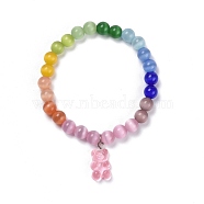 Bear Resin Stretch Charm Bracelets, with Round Cat Eye Beads, Pink, Inner Diameter: 2-1/8 inch(5.5cm)(BJEW-JB06271-04)