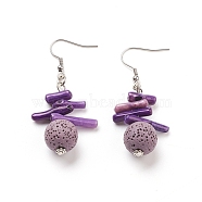 Natural Lava Rock Dangle Earrings, with Synthetic Gemstones, Alloy Spacer Beads and Stainless Steel Earring Hooks, Round, Thistle, 55~56mm, Pin: 0.7mm(EJEW-E260-B04)