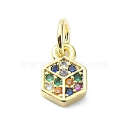 Brass Micro Pave Cubic Zirconia Pendants, with Jump Ring, Real 18K Gold Plated, Hexagon Charm, Colorful, 9x5.5x2mm, Hole: 3mm(KK-H475-29B-02G)