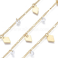 Handmade Brass Figaro Chains, with Cubic Zirconia Charms and Spool, Soldered, Cadmium Free & Nickel Free & Lead Free, Rhombus, Real 18K Gold Plated, Link: 1.7x1.4x0.3mm and 3x1.5x0.3mm, Cubic Zirconia: 4x2.5mm, Rhombus: 8.5x60.2mm, about 32.8 Feet(10m)/roll(CHC-S011-005-NR)