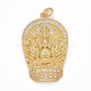 Rack Plating Brass Micro Pave Clear Cubic Zirconia Pendants, Cadmium Free & Nickel Free & Lead Free, Long-Lasting Plated, Thousand-Arm Guanyin, Real 18K Gold Plated, 31.5x20x4mm, Jump Ring: 5x1mm, Inner Diameter: 3mm(KK-M229-11G)