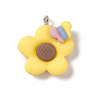 Opaque Resin Pendants, with Platinum Tone Iron Loops, Yellow, Sunflower Pattern, 24x22x7.5mm, Hole: 2mm(X-RESI-M028-03D)