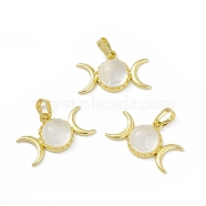Natural Quartz Crystal Pendants, Rock Crystal Pendants, Triple Moon Charms, with Golden Tone Rack Plating Brass Findings, Cadmium Free & Lead Free, 15x26x7mm, Hole: 6.5x4mm(G-H283-02B)