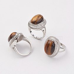Natural Tiger Eye Finger Rings, with Brass Ring Finding, Platinum, Oval, Size 8, 18mm(X-RJEW-P122-13)