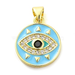 Real 18K Gold Plated Brass Clear Cubic Zirconia Pendants, with Enamel and Glass, Flat Round with Evil Eye, Light Sky Blue, 19x16x2.5mm, Hole: 5x3.5mm(KK-A198-11G-02)