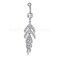 Piercing Jewelry, Brass Cubic Zirconia Navel Ring, Belly Rings, with 304 Stainless Steel Bar, Lead Free & Cadmium Free, Cactus, Clear, Platinum, 73x17mm, Bar Length: 3/8"(10mm), Bar: 14 Gauge(1.6mm)(AJEW-EE0002-14P)