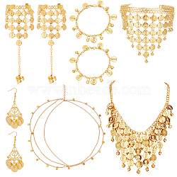 Alloy Flat Round Charms Cluster Bib Necklace & Ring Bracelet & Dangle Earrings & Headwears & Anklets, Bell & Coin Charms Jewelry Set, Golden, 20.47 inch(520mm), 2 inch(5.1cm), 78mm, Pin: 0.6mm, 9-7/8 inch(25.2cm)(SJEW-AN0001-47)