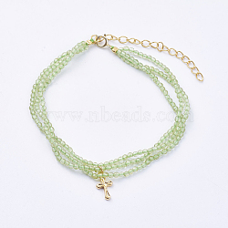 Natural Peridot Multi-strand Bracelets, with Brass Findings, Pendants, Spring Ring Clasps, Cross, Real 12K Gold Plated, 6-1/2 inch(165mm)(BJEW-I247-10-E)