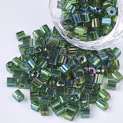 6/0 Glass Seed Beads, Transparent Colours Rainbow, Square Hole, Cube, Dark Green, 6/0, 3~5x3~4x3~4mm, Hole: 1.2~1.4mm, about 4500pcs/bag(SEED-S027-06B-07)