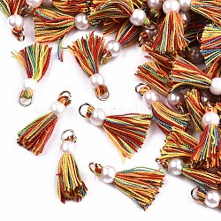 Polycotton(Polyester Cotton) Tassel Pendant Decorations, Mini Tassel, with Golden Tone Iron Findings and ABS Plastic Imitation Pearl, Colorful, Light Gold, 23mm, Jump ring: 5x0.8mm, 3.4mm inner diameter(X-FIND-T052-13A)