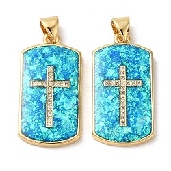 Rack Plating Brass Micro Pave Clear Cubic Zirconia Pendants, with Opal, Cadmium Free & Lead Free, Long-Lasting Plated, Rectangle with Cross, Real 18K Gold Plated, 26.5x13.5x3mm, Hole: 4x3mm(KK-P268-16G)