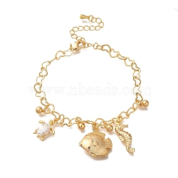 Marine Organism Brass Charm Bracelets for Women Girl, with Clear Cubic Zirconia, Real 18K Gold Plated, 6-3/4 inch(17cm)(BJEW-L696-001G)