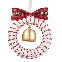 Christmas Wreath Wood & Cotton Threads Pendant Decorations, with Brass Bell, for Christmas Tree Hanging Ornaments, Red, 235mm(HJEW-TA00304)