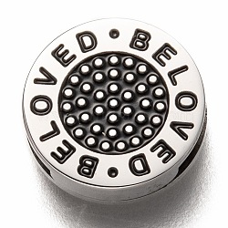 304 Stainless Steel Slide Charms, Enamel Style, Flat Round with Word Beloved, Black, Stainless Steel Color, 12x3.5mm, Hole: 8x1.5mm(STAS-P270-16P)