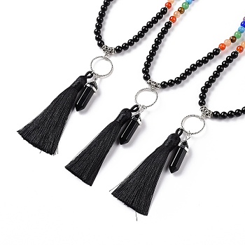 Natural Obsidian Bullet & Tassel Pendant Necklace with Mixed Gemstone Beaded Chains, Chakra Yoga Jewelry for Women, 25.98 inch(66cm)
