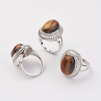 Natural Tiger Eye Finger Rings, with Brass Ring Finding, Platinum, Oval, Size 8, 18mm