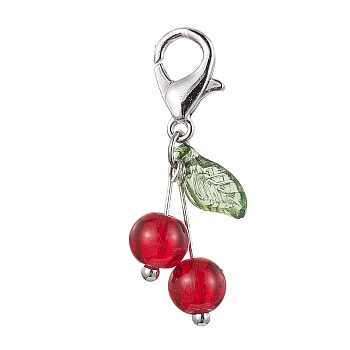 Cherry Glass & Acrylic Pendant Decoraiton, with Alloy Lobster Claw Clasps, Red, 30mm