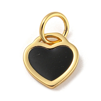 Rack Plating Brass Charms, with Jump Ring and Enamel, Cadmium Free & Lead Free, Long-Lasting Plated, Heart Charm, Real 18K Gold Plated, Black, 10x9.5x1mm, Hole: 4.4mm