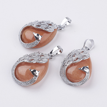 Natural Red Aventurine Pendants, with Brass Finding, Teardrop with Peacock, Platinum, 33x20x10.5mm, Hole: 5x6.5mm
