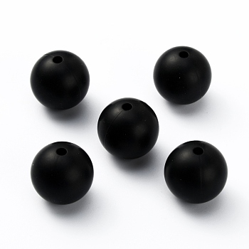 Silicone Beads, Round, Black, 14.5~15mm, Hole: 2.2mm