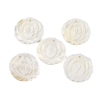 Natural Freshwater Shell Carved Pendants, Flower Charms, Seashell Color, 30x29.5x2mm, Hole: 1mm