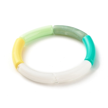 Acrylic Curved Tube Beaded Stretch Bracelet, Chunky Bracelet for Women, Green, Inner Diameter: 2 inch(5.1cm)