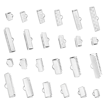 Elite 120Pcs 12 Style 304 Stainless Steel Ribbon Crimp Ends, Rectangle, Stainless Steel Color, 6~9.3x6.7~25mm, Hole: 2~4x1~1.8mm, 10pc/style
