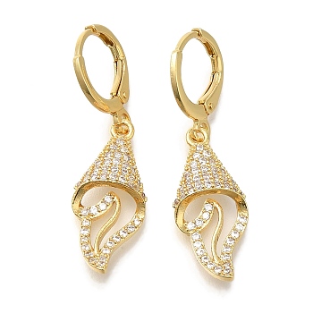 Rack Plating Shell Shape Brass Micro Pave Clear Cubic Zirconia Hoop Earrings, Long-Lasting Plated, Lead Free & Cadmium Free, Real 18K Gold Plated, 35x9.5mm