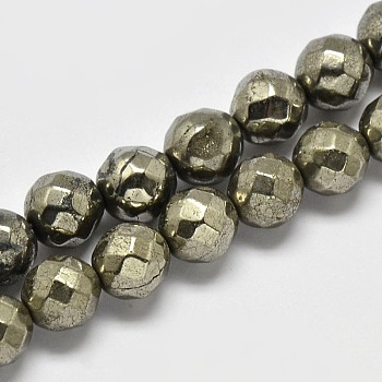 Natural Pyrite Round Beads Strands, Faceted(64 Facets), Grade A, 8mm, Hole: 1mm, about 50pcs/strand, 16 inch