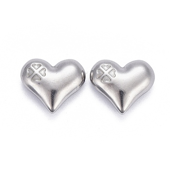 304 Stainless Steel Beads, No Hole/Untrilled, Heart with Clover, Stainless Steel Color, 13x15x5mm