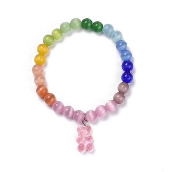 Bear Resin Stretch Charm Bracelets, with Round Cat Eye Beads, Pink, Inner Diameter: 2-1/8 inch(5.5cm)