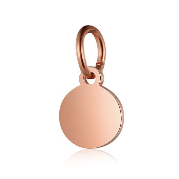 Ion Plating(IP) 304 Stainless Steel Pendants, with Jump Ring, Flat Round Charm, Stamping Blank Tag, Rose Gold, 11.5x10x1mm, Hole: 3.5mm