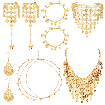 Alloy Flat Round Charms Cluster Bib Necklace & Ring Bracelet & Dangle Earrings & Headwears & Anklets, Bell & Coin Charms Jewelry Set, Golden, 20.47 inch(520mm), 2 inch(5.1cm), 78mm, Pin: 0.6mm, 9-7/8 inch(25.2cm)