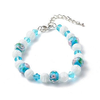 Handmade Lampwork Beaded Bracelets, with Faceted Glass Beads, Light Sky Blue, 7-7/8 inch(20cm)