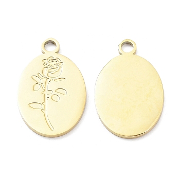 Ion Plating(IP) 316L Surgical Stainless Steel Pendants, Oval with Rose Charm, Real 18K Gold Plated, 22.5x14.5x1.3mm, Hole: 2mm