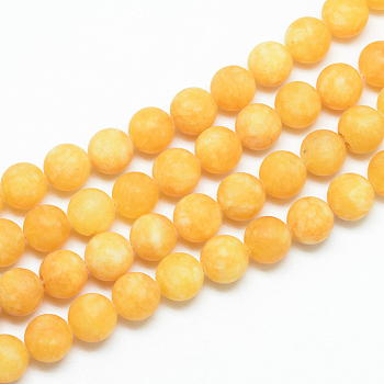 Natural White Jade Bead Strands, Dyed, Frosted, Round, Gold, 8~9mm, Hole: 1mm, about 46~48pcs/strand, 14.9 inch