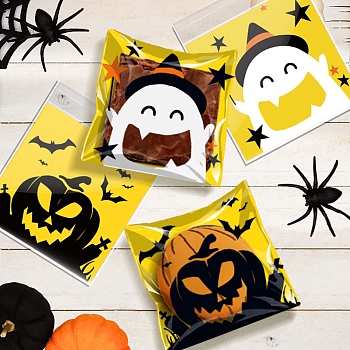 Halloween Theme Plastic Bakeware Bag, with Self-adhesive, for Chocolate, Candy, Cookies, Square with Pumpkin & Ghost, Yellow, 130x100x0.05mm, Inner Diameter: 100x100mm, 2 styles, 50pcs/style, 100pcs/bag